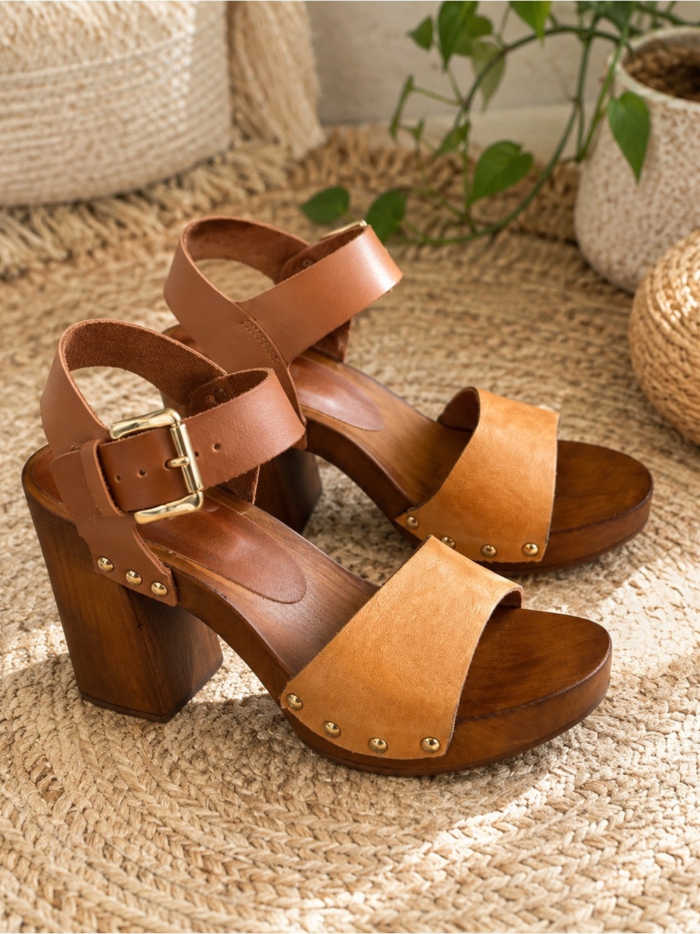 Leather Wood Platform Sandals Size 39 Chunky Heel Boho 70s Style